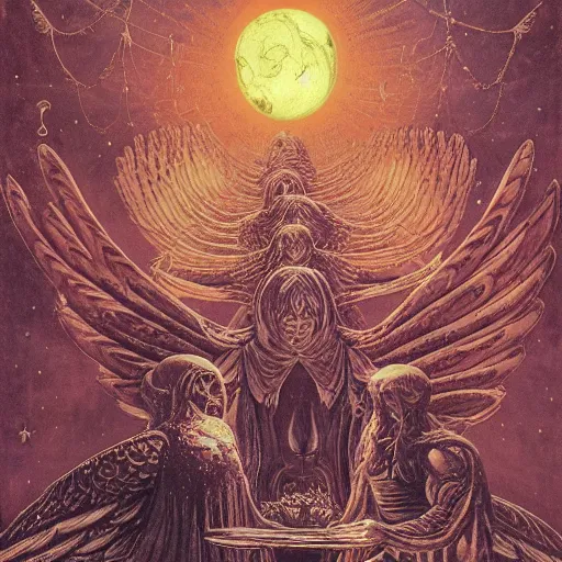 Prompt: winged angels playing an important boardgame, at night, chained to planets, under a black night sky of astronomical glittering starlight in the outer reaches of the solar system beyond the rings of neptune, watched by mystic figures in heavy burgundy robes, by raqib shaw, beksinski, zdzisław beksinski