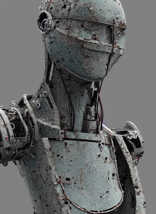 Image similar to a photographic portrait of a decommissioned retail robot, loose wires, torn mesh, crusty electronics, high damage, surface imperfections, hard surface modeling, sub surface scattering, 8 k, octane render