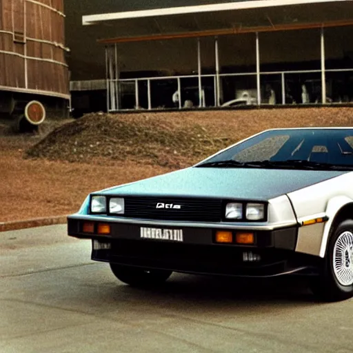 Prompt: 1985 DeLorean DMC-12 in a cinema drive-in, 1940's photography, old grain