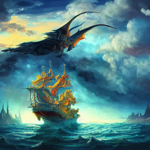 Image similar to majestical ship with a dragon flying above, beautiful composition, wide angle, colorful, cinematic, volumetric lighting, intricate details painting