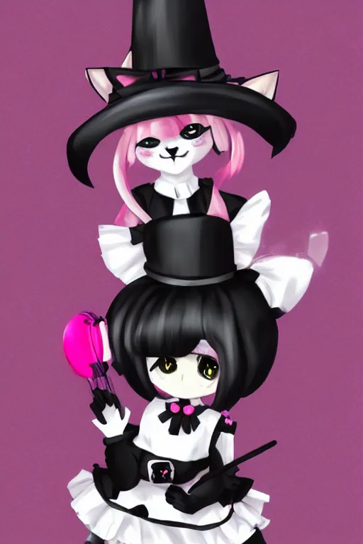 Prompt: Anime anthro cat with black fur, pink hair, and pink eyes in Gothic Lolita maid costume wearing small top hat in the style of Artstation