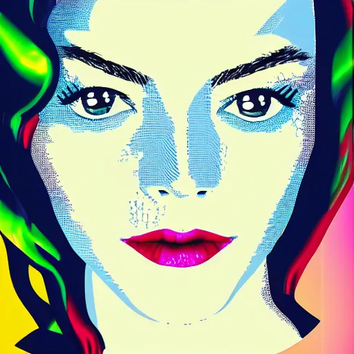 Prompt: a closeup of emma stone, in retro colors, synthwave style, 2 d digital vector art