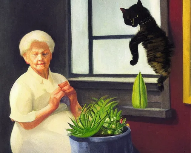 Image similar to detailed portrait of an old lady and her plant cat, Edward Hopper, sharp high quality