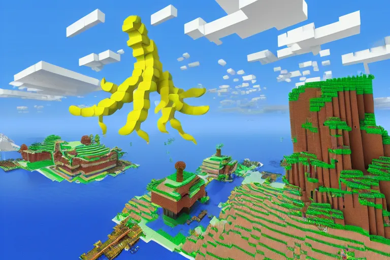 Image similar to giant squids battling in the sky, minecraft, 3 d render, minecraft