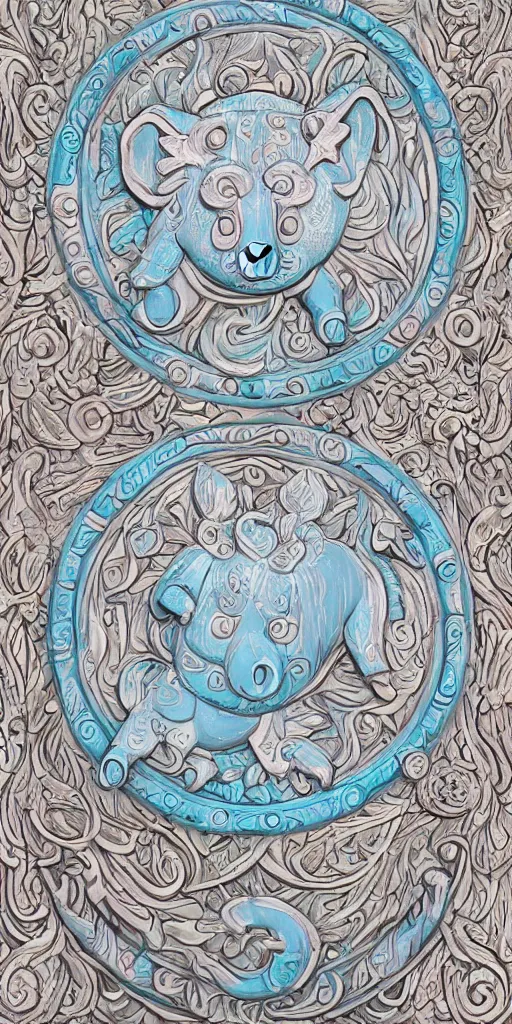 Image similar to intricate colourfully painted carved Soapstone relief paneling, white and pale blue , celestial, pig, piglet, piggy, pig goddess, mother earth, Earth Goddess mythology, Gaia, angels, divinity, Ghostly, crystaline celtic, insanly detailed , artstation, wallpaper, hyper realistic, realistic lighting