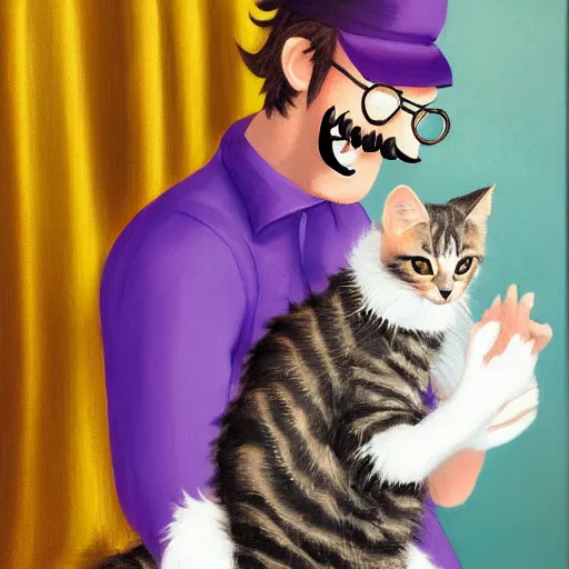 Prompt: Waluigi and his kitten in a vanity portrait