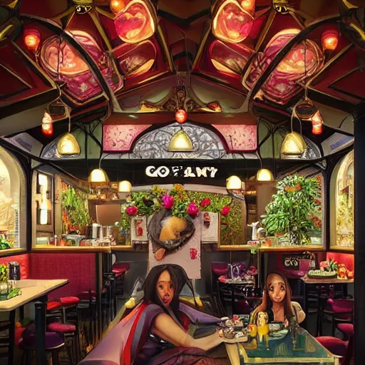 Image similar to “a fantasy fastfood restaurant called ‘Good Berry’, similar to Good Burger, fantastical ambience, food court, D&D, fantasy, intricate, cinematic lighting, highly detailed, digital painting, artstation, concept art, smooth, sharp focus, illustration, art by Artgerm and Greg Rutkowski and Alphonse Mucha”