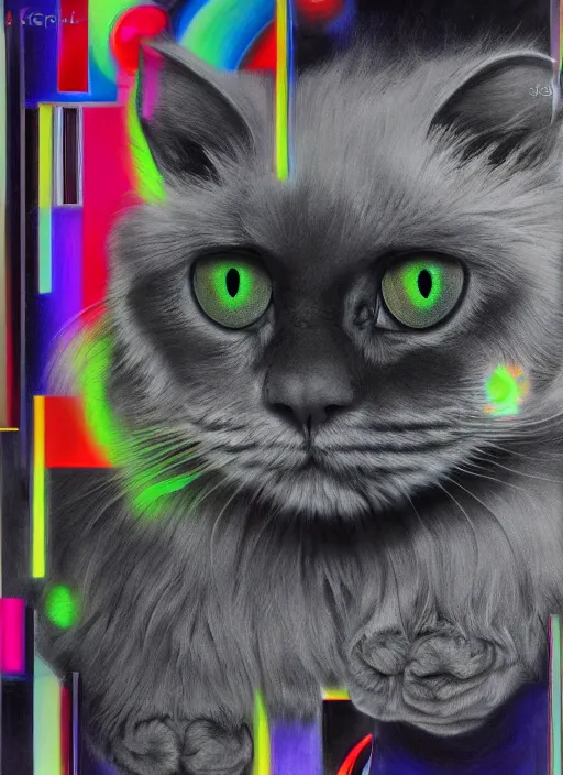 Image similar to futuristic lasers tracing, laser cat, selkirk rex longhair, by steven meisel, kaws, rolf armstrong, mondrian, kandinsky, perfect geometry abstract acrylic, octane hyperrealism photorealistic airbrush collage painting, dark monochrome, fluorescent colors, minimalist rule of thirds, eighties eros