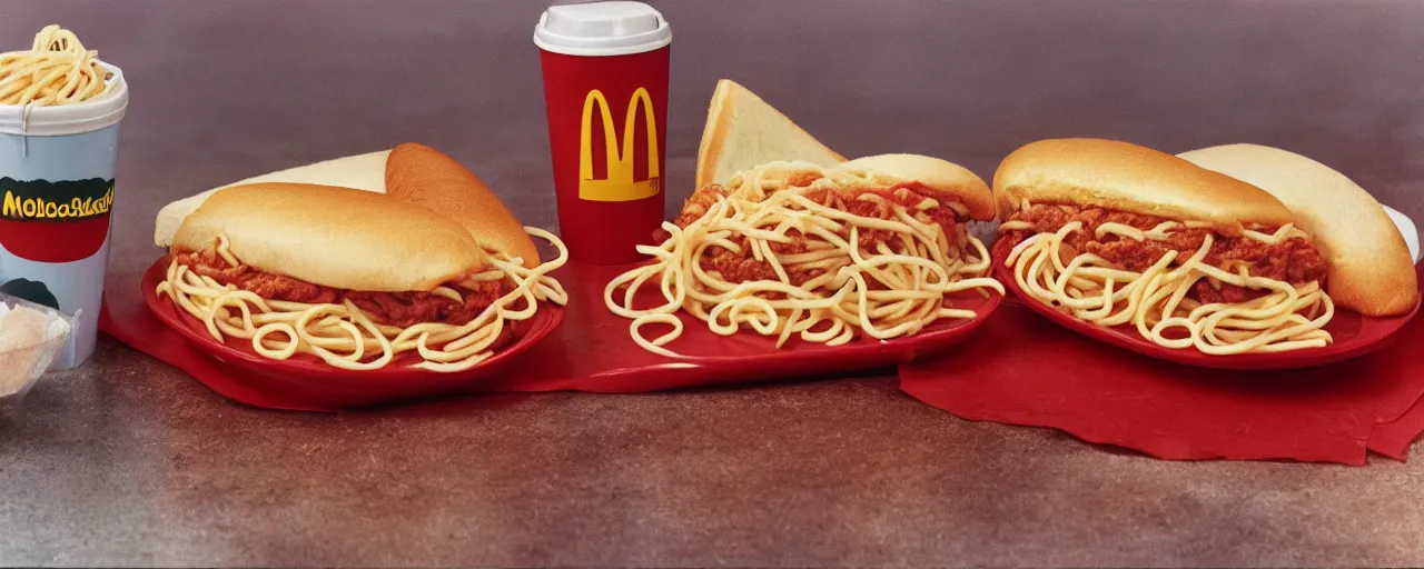 Image similar to 1 9 8 0 s mcdonalds best selling spaghetti sandwich, kodachrome,