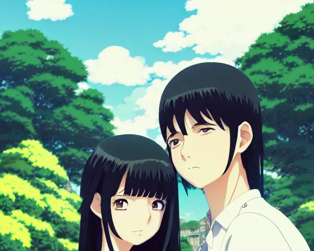 Image similar to beautiful anime girl with long black hair and bangs, beautiful anime guy with black hair, wearing black clothes, siblings, fine details portrait, japense village in background, bokeh. anime masterpiece by Studio Ghibli. illustration, sharp high-quality anime illustration in style of Ghibli, Ilya Kuvshinov, Artgerm