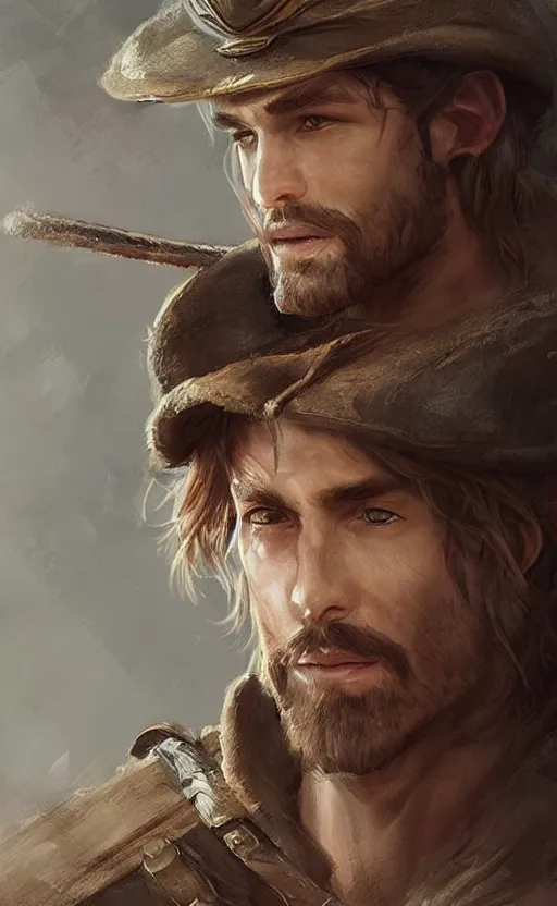 Image similar to Portrait of a rugged ranger, male, muscular, straight nose!!!, detailed face, handsome, simple clothing!!!!!, fantasy, medieval, highly detailed, cinematic lighting, digital art painting by jia ruan