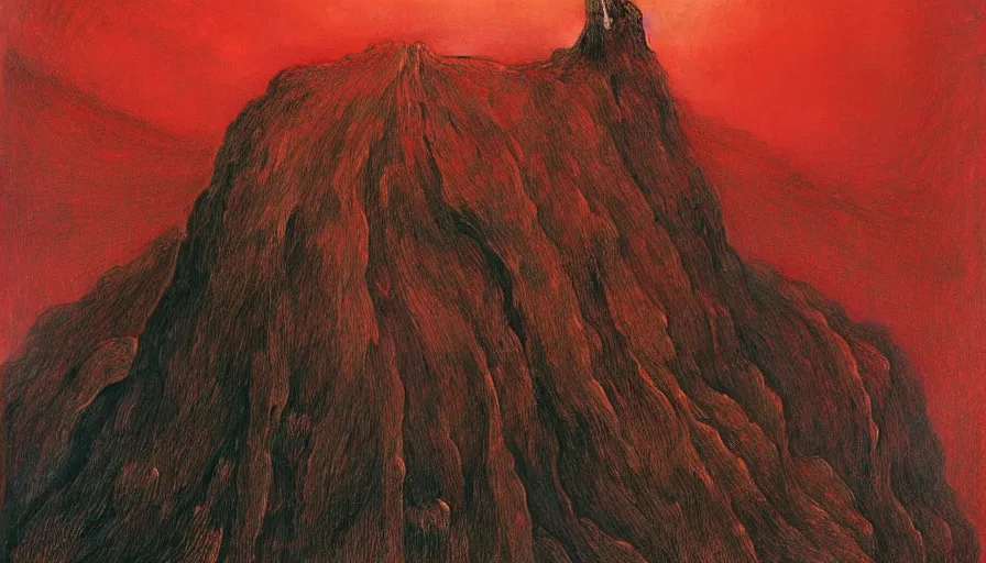 Image similar to landscape artwork of veiled red skeletal angel climbing over a mountain, artwork by zdzislaw beksinski