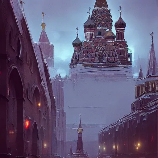 Prompt: Cyberpunk Churches Kremlin Moscow by Greg Rutkowski