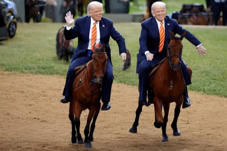 Prompt: President Joe Biden riding an orange horse with face of Donald Trump, Reuters photo