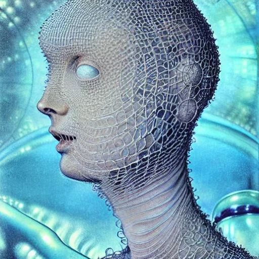 Prompt: realistic extremely detailed photo style portrait painting of a complete astronaut suit with exposed diamond 3d fractal lace iridescent bubble 3d skin clear brain , retro futuristic ,water , style hybrid mix of beeple,Anton Pieck,Jean Delville, Amano,Yves Tanguy, Alphonse Mucha, Ernst Haeckel, Edward Robert Hughes,Stanisław Szukalski and Roger Dean, rich moody colors,diamond dust glitter and sparkles, holographic krypton ion,blue eyes,octane render,4k,f32