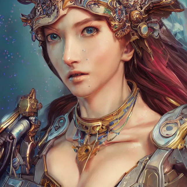 Image similar to studio portrait of lawful good colorful female holy mech paladin as absurdly beautiful, elegant, young sensual gravure idol, ultrafine hyperrealistic detailed face illustration by kim jung gi, irakli nadar, intricate linework, sharp focus, bright colors, matte, octopath traveler, final fantasy, unreal engine highly rendered, global illumination, radiant light, intricate environment