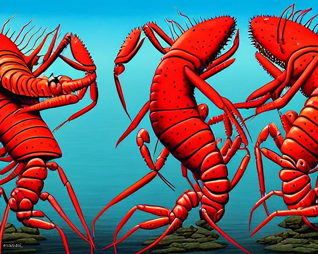 Prompt: Painting of lobster demons by Guy Billout