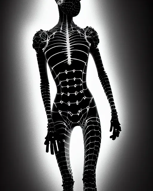 Image similar to black and white cyborg-plant goddess high quality photo, artificial intelligence, bio-mechanical bio-luminescence, artificial complex spider web, neurons, nerve cells, octane render, cinematic, rim light, hyper realism, photo-realistic, high detail, 8k, in the style of Steven Meisel and Dora Maar and H.G. Giger