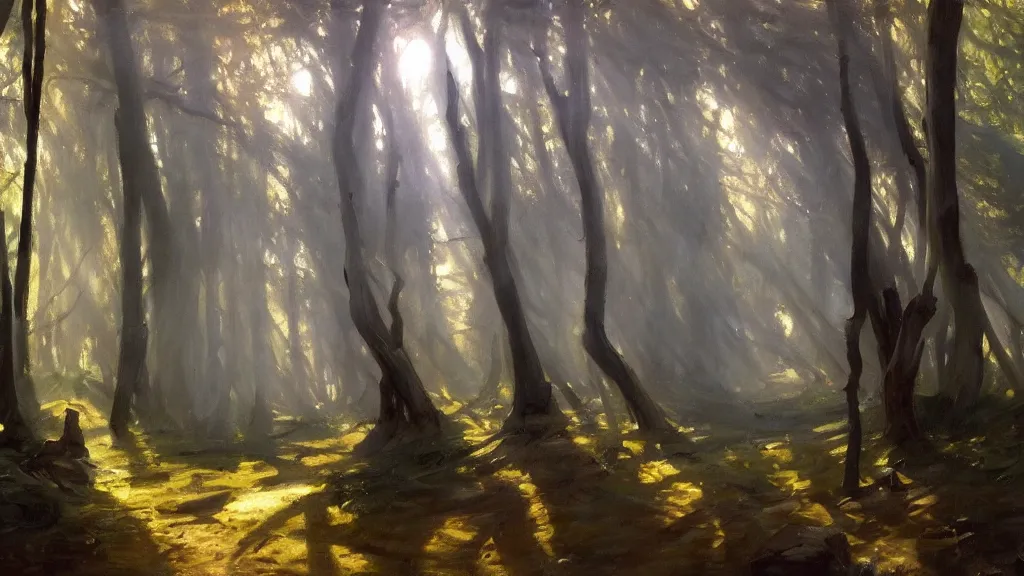 Image similar to A John Singer Sargent oil painting of a hauntingly beautiful elven forest in the morning; rays of light coming through the canopy; trending on artstation; extraordinary masterpiece!!!!!!; 8k