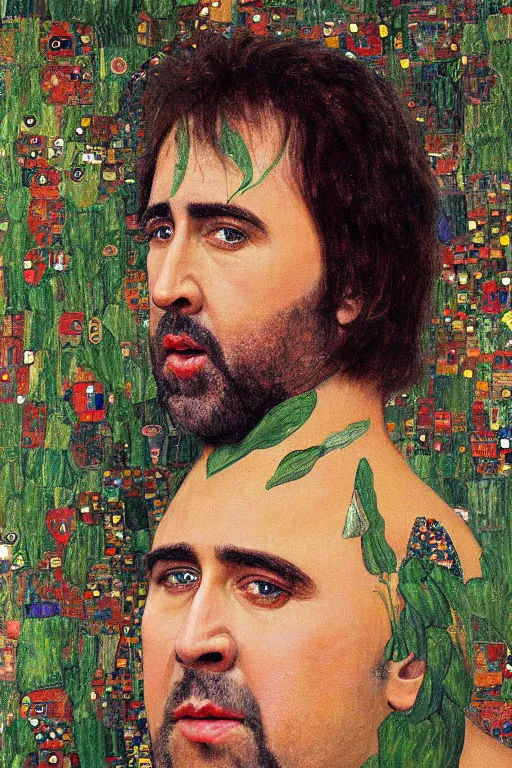 Image similar to Portrait of Nicolas Cage painted by gustav klimt