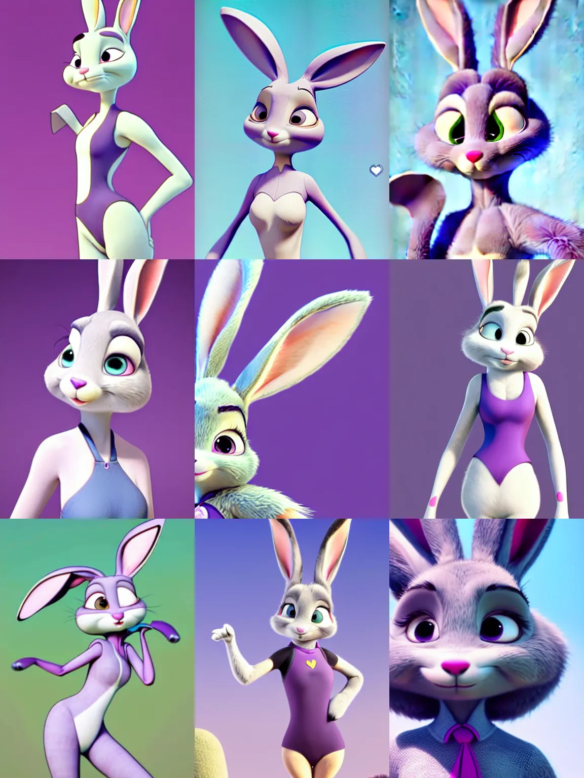 Prompt: slim sexy feminine grey rabbitbunny from zootopia, female beautiful gray rabbit from pixar, fluffy gorgeous beautiful zootpia bunny femme, sexy judy hopps in a one piece swimsuit, purple eyes, symmetric face, fluffy chest