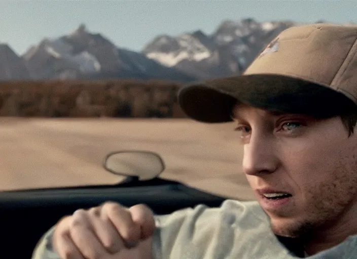 Image similar to a very high resolution image from a new movie, eminem driving a car. inside of a car. alone. mountains, directed by wes anderson