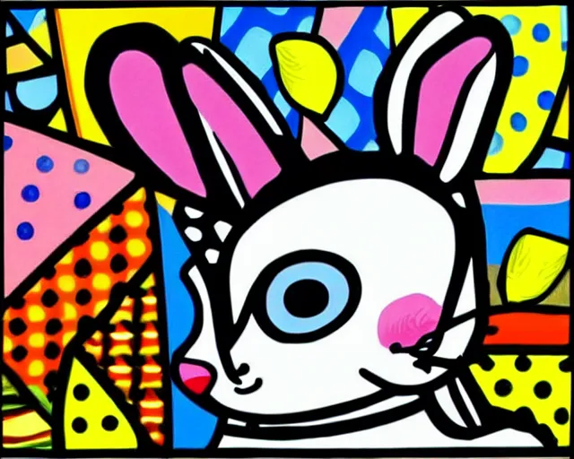 Image similar to a very cute netherland dwarf black bunny, art by romero britto