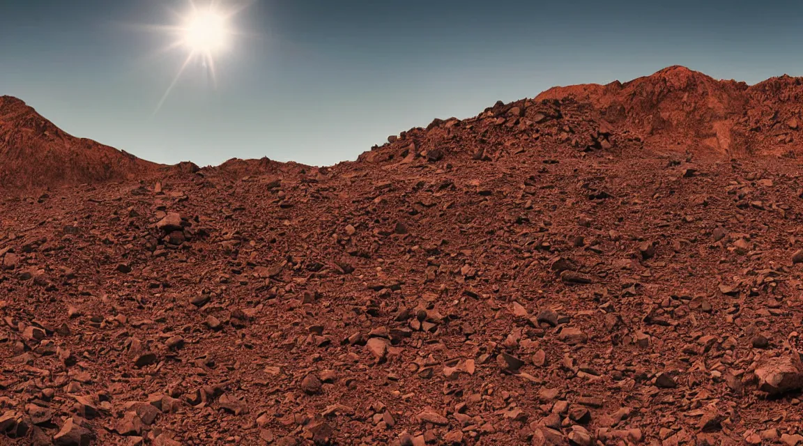 Prompt: stunning large format photograph, beautiful cinematic perspective of a dramatic martian mountainside, reddish brown color scheme rocks and soil and distant mountains, variegated soil, smooth clear blue sky, in the style of jeff wall, hazy sunlight, crisp details, 10k with post-processing