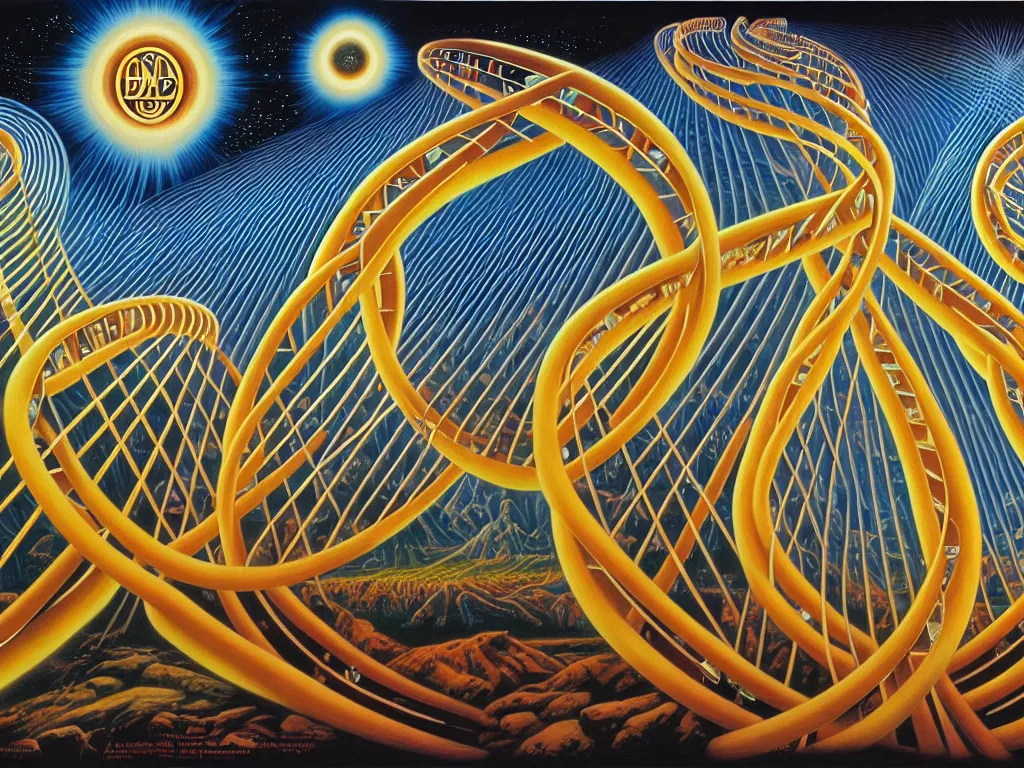 Image similar to a dna helix of human evolution, spiritual science, divine form, intelligent design, utopian, by david a. hardy, wpa, public works mural, socialist, oleg korolev