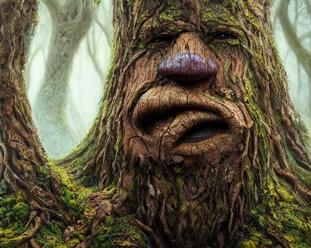 Image similar to a talking tree, a face in the bark, nose made of wood, mouth in the bark, eyes in the bark, fantasy concept art, fantasy oil painting, hyperrealistic, treebeard, ents, magical, highly detailed, artstation, cgsociety, in the forest