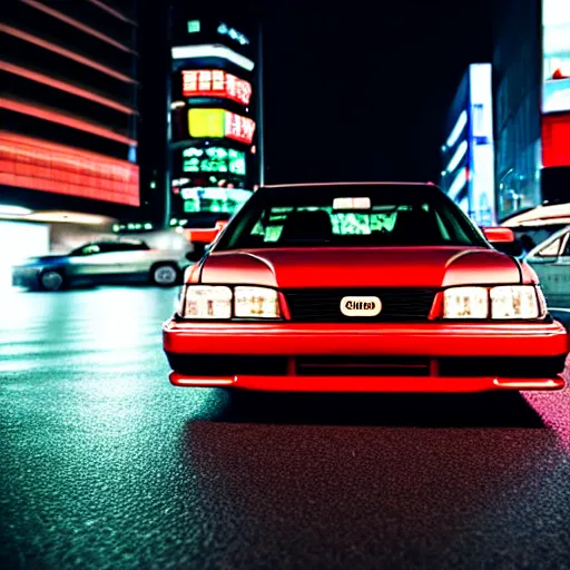 Image similar to a car JZX100 at illegal car meet, Shibuya prefecture, city midnight mist, cinematic color, photorealistic, highly detailed, 200MM