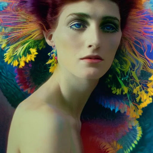 Prompt: extremely beautiful futuristic super schizophrenic psychedelic prismatic superhuman, lush detail, national geographic, steichen, herb ritts, roger deakins, anne leibovitz, alphonse mucha, sharp focus, ultra - realistic, hyperrealism, isotonic, beautiful radiant madwoman, schizophrenic superhuman