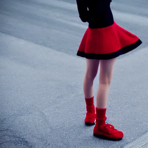 Image similar to of long blond hair teenage girl wearing red sweater with short black skirt and high heal shoes