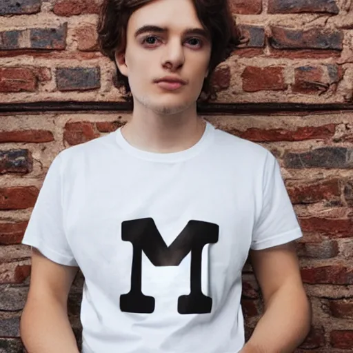 Prompt: a person wearing a t-shirt with the letters MMM