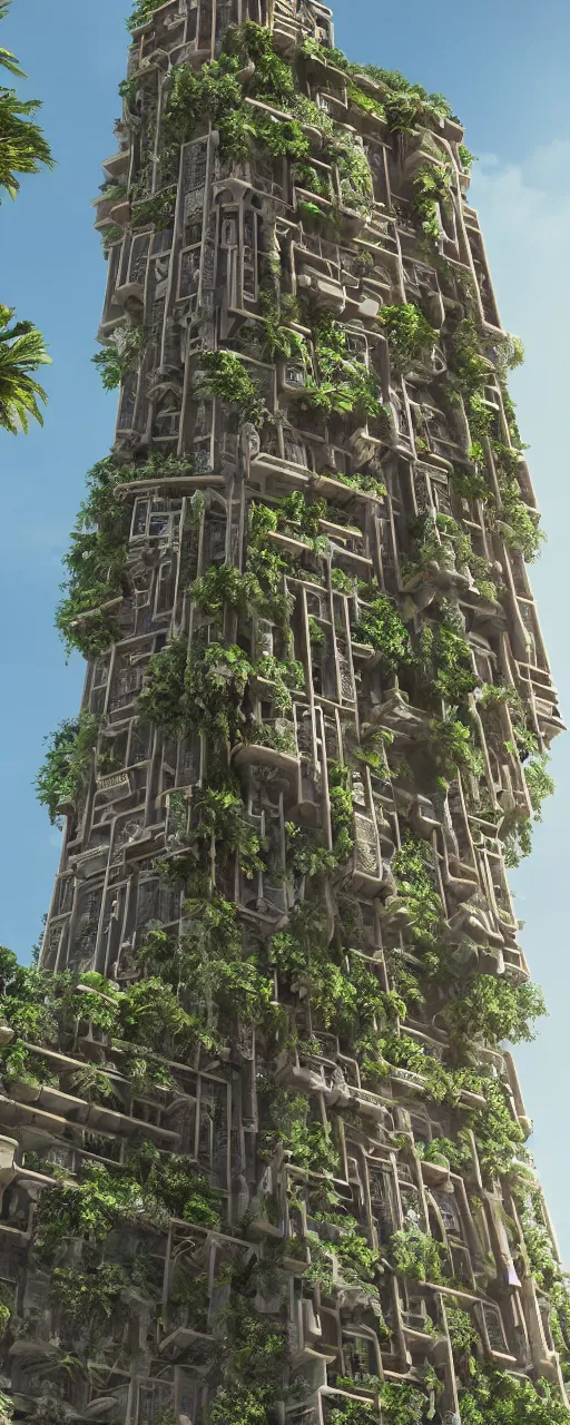 Image similar to solarpunk style, eye level view of a contemporary tower, golden intricate details, stone facade, sacred architecture, hanging gardens, cascading highrise, arid mountains with lush palm forest, photorealistic, sunlight, 8 k, post - production, octane, cgi, sfx