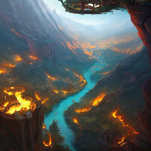 Image similar to a birds eye view overlooking an ancient fantasy city surrounded by mountains and trees of greens and browns, rivers and lakes, the city is burning by Jordan Grimmer, Asher Brown Durand and Ryan Dening, 8k, artstation, beautiful color pallette