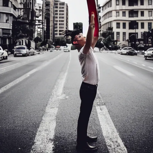 Image similar to a man standing on one leg in the middle of the street, holding up traffic, photography