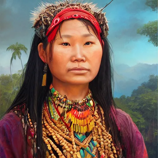 Prompt: portrait of a young paiwan woman ( 3 5 ) from taiwan in 2 0 2 1, an oil painting by ross tran and thomas kincade