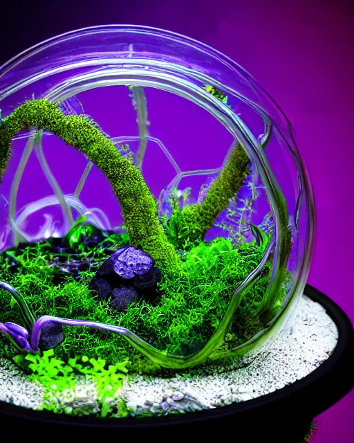 Prompt: product photography of water-filled, ultra-violet cyber punk terrarium, vines wrap around the terrarium, unreal engine 5, blender, depth of field, ultra realistic, cinematic, macro, artstation, megascan, intricate, epic, Quixel, weta digital, focus, octane render, v-ray, 8k, dslr, macro photography, rule of thirds