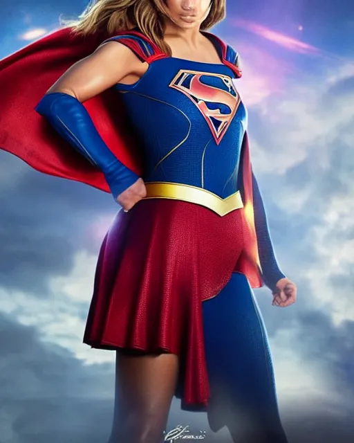 Image similar to 5 5 mm portrait photo of jennifer lopez as supergirl. magical atmosphere. art by artgerm and greg rutkowski. highly detailed 8 k. intricate. lifelike. soft light. nikon d 8 5 0.