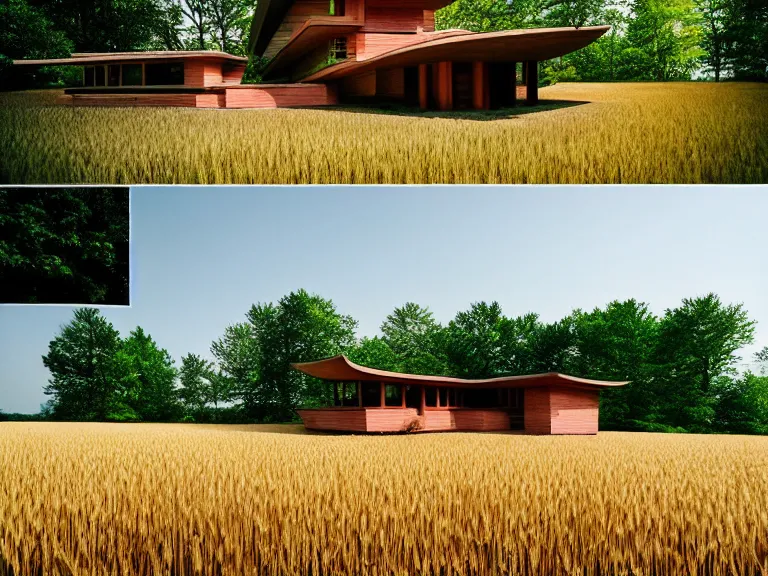 Prompt: hyperrealism design by frank lloyd wright and kenzo tange photography of beautiful detailed small house around the forest in small ukrainian village depicted by taras shevchenko and wes anderson and caravaggio, wheat field behind the house, volumetric natural light