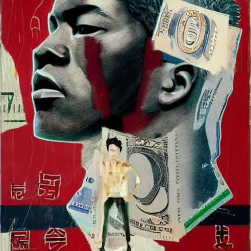 Prompt: joe louis on dollar bill by basquiat, trending pixiv fanbox, acrylic palette knife, style of makoto shinkai takashi takeuchi yoshiyuki sadamoto, fantasy character portrait, ultra realistic vfx, intricate details, artifacts, highly detailed,, highly detailed, cinematic lighting, unreal