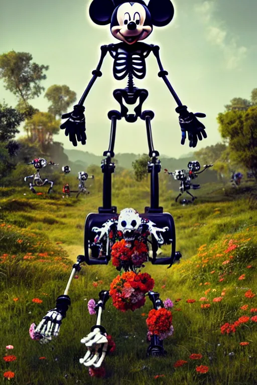 Image similar to a skeletal, mickey mouse made out of flowers and bones, walking with a robot, in the cyberpunk countryside by beeple, nychos and arcimboldo, highly detailed octane render