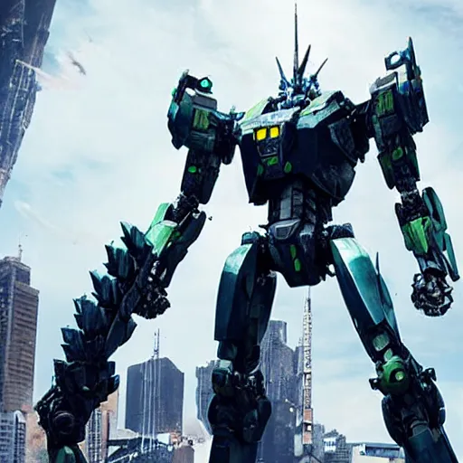 Image similar to pacific rim style mecha standing over a destroyed city.