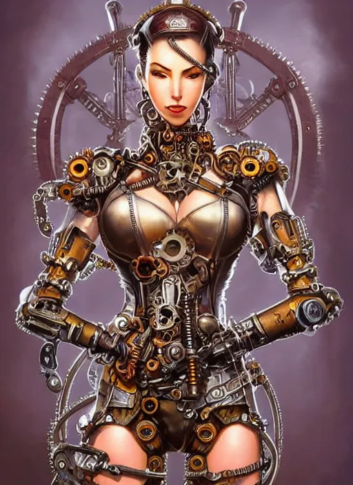 Prompt: front portrait of attractive Lady Mechanika with retro-cyborg arms made of gears and levers, Intrincate steampunk imagery , D&D!, fantasy style, sharp focus!, ultra detailed, art by Artgerm and Peter Andrew Jones, WLUP