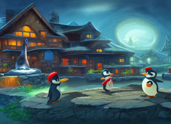 Prompt: in - game screnshot, nintendo 6 4 concept art of a penguin house, artgerm, rutkowski, tooth wu, beeple, and intricate