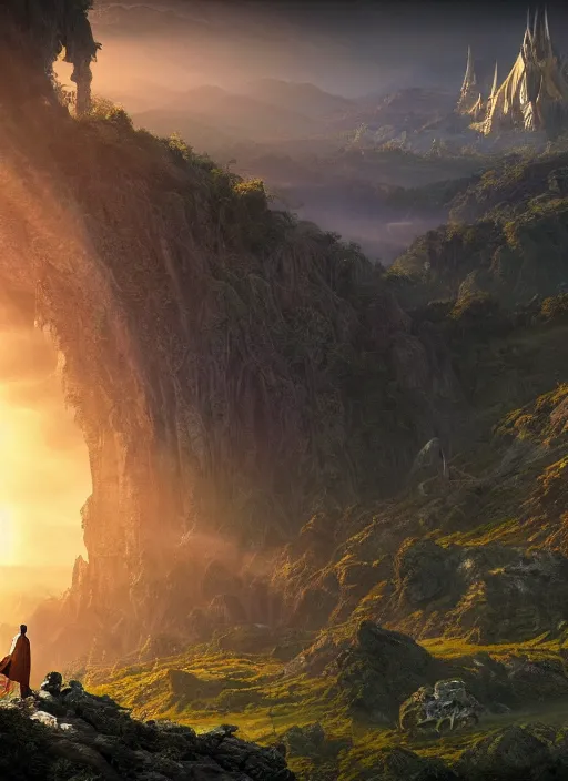 Image similar to a cosmic monk in lord of the rings scenery landscape, looking out at a gigantic temple made of alien architecture, lush valley, sunrise, god's rays, highly detailed, vivid color, cinematic lighting, perfect composition, 8 k, gustave dore, derek zabrocki, greg rutkowski, belsinski, octane render