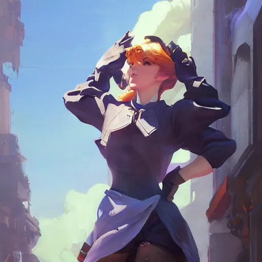 Image similar to greg manchess portrait painting of violet evergarden as overwatch character, totally whack, medium shot, asymmetrical, profile picture, organic painting, sunny day, matte painting, bold shapes, hard edges, street art, trending on artstation, by huang guangjian and gil elvgren and sachin teng