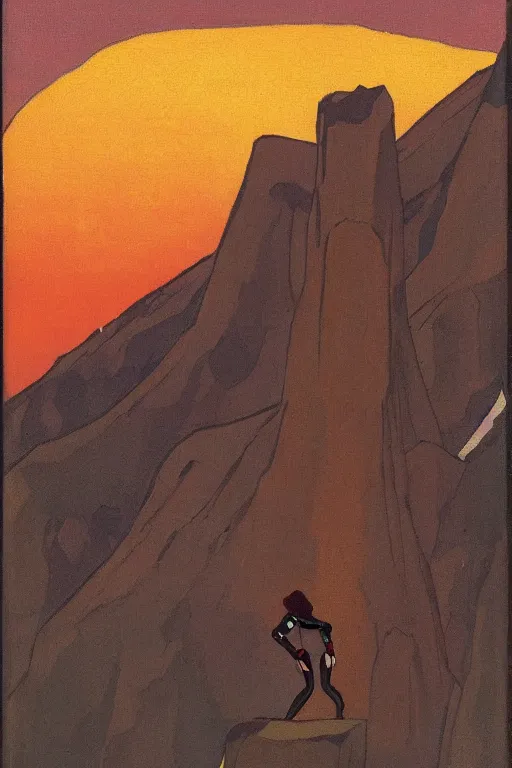 Image similar to black widow ( natasha romanova ) on mountains, marvel, artwork by nicholas roerich,