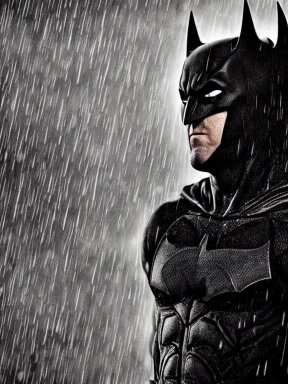 Image similar to film still, ryan reynolds as batman, mask half torn, hyperrealism, moody lighting, rain, intricate, 8 k